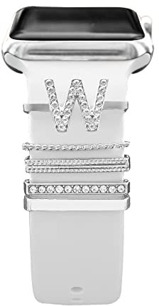5 Pcs Breloques pour Bracelet Apple Watch 46mm 42mm 44mm 40mm 41mm 45mm 38mm 49mm Femme,Anneau Décoratif iWatch 10 9 8 7 6 5 4 3 SE/Galaxy Watch 7 6 5 4 Smart Watch Band Métal Brillant Accessoires