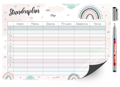 younikat Stundenplan abwischbar magnetisch Regenbogen - DIN A4 - dv1103 | Wiederbeschreibbar, Digitaldruck, Whiteboard-Oberfläche, magnetischer Rückseite, zum Schulanfang, Einschulung, inkl. Stift