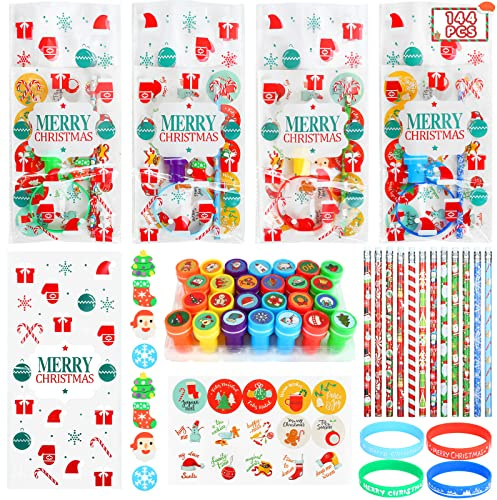 Kesote 144 Pezzi Natale Regalo per Bambini di set Cancelleria Matite Natalizie+Gomma da Cancellare+Timbrini+Adesivi+Sacchetti+Bracciali, Regalo per Festa di Natale