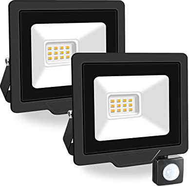 PICAA 2PCS 10W LED Flood Light Outdoor with Motion Sensor Warm White 3500K | Waterproof Floodlight ,Super Bright Security Light Wall Lamp, for Garden, Yard, Garage, Patio,Warehouse, Parking Lot