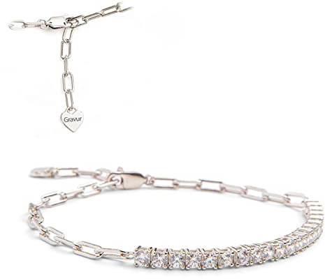 Amoonìc Tennisarmband Mixed aus 925er Silber oder vergoldet | Mit Zirkoniasteinen, Armband & grobe Glieder Kette im Mix, Herzplättchen gravierbar