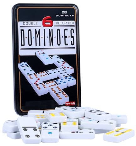 GOTHINK Double Six Dominos, Dominospel med 28 färgglada plattor med plåtlåda, klassiska familjebrädspel för barn, vuxna och familjer för 2–4 spelare