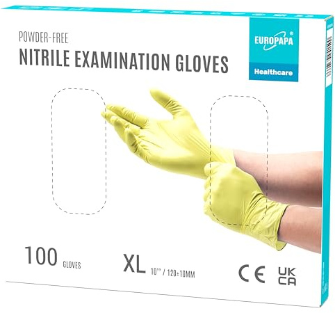 EUROPAPA® 100 guantes de nitrilo desechables, guantes desechables de nitrilo, sin polvo, sin látex, no estériles, sin látex, guantes disponibles (XL, amarillo)