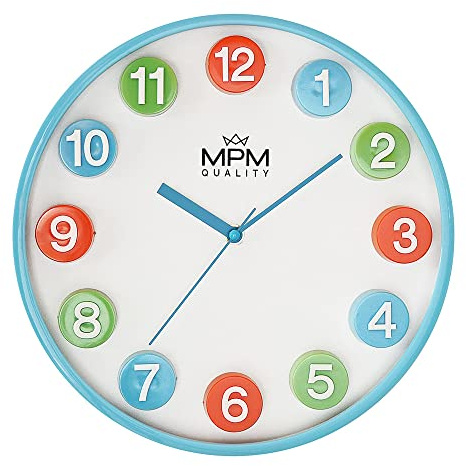 MPM Quality Orologio da parete colorato per bambini in plastica, blu/colorato, grandi cifre 3D colorate, movimento al quarzo Sweep