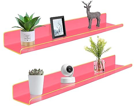 ROYALITA 61 Zentimeter Acryl Schweberegale Wandmontiertes Set aus 2 Teilen, Wandhängende Pflanzendisplay-Regale, Raumdekor Schweberegale für Spielzimmer, Schlafzimmer, Wohnzimmer, Büro, Rosa