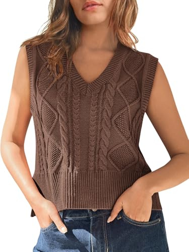 Tongmingyun Gilet da donna senza maniche, con scollo a V, in maglia, pullover basico, gilet in maglia tinta unita, top tank per lavoro e tempo libero, gilet da donna, caffè, XL