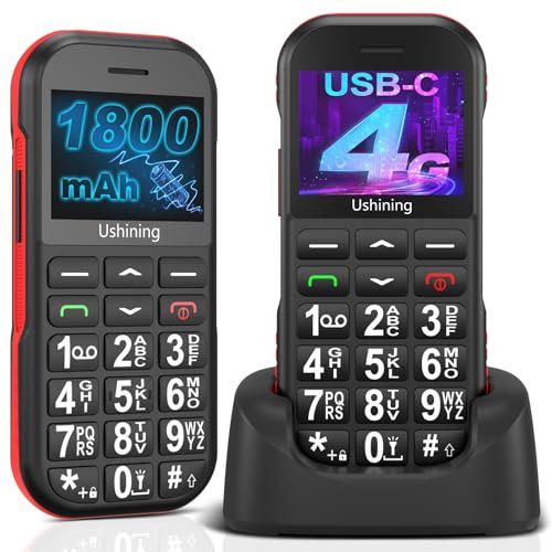 ukuu Telefono Cellulare per Anziani 4G con Tasti Grandi, Dock di Ricarica - Cavo USB C e pulsante SOS telefoni per anziani cellulari Facili da Usare Nero