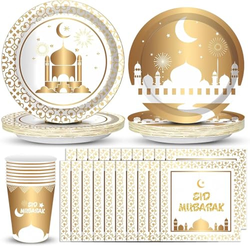 Eid Mubarak - Decoration Aid Moubarak – Aid Mubarak Vaisselle (44 pièces) – Kit de Vaisselles Jetables Pour le Ramadan - Joyeux Aïd El-Fitr