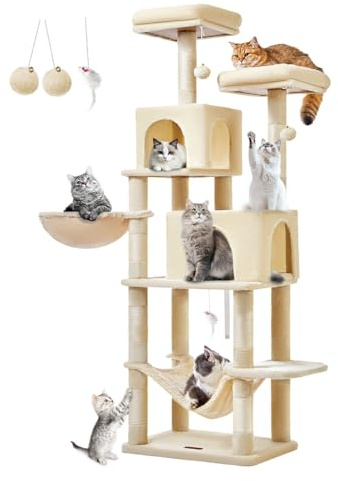 Taoqimiao 170cm Kratzbaum Groß，Katzenbaum Kratzbaum Grosse Katzen Stabil mit 2 Katzenhaus, Hängematte, Korb, 8 Kratzsäulen, 2 Große Plattform, MS013M Beige
