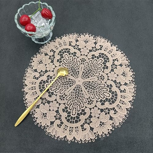 SYSUII 4 Stück Spitze Runde Gestickte Tischläufer, Stickerei Tischset Runde Bestickte Tischmatte Handarbeit Geklöppelt Häkeldeckchen Spitzendeckchen für Küche,Esszimmer Tassen, Getränke,Schalen -Rosa