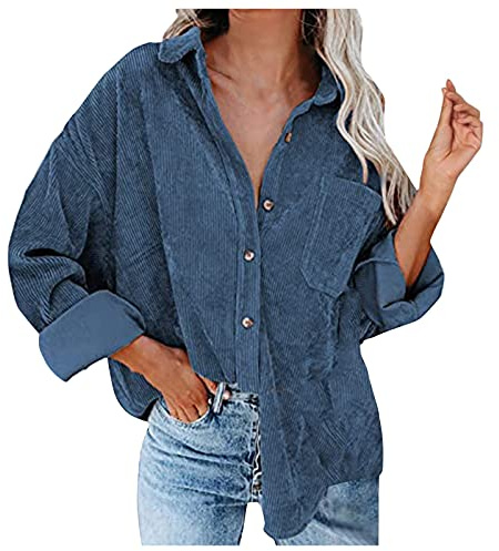 Chemise en Velours Côtelé pour Femme - Col en V - Manches Longues - Veste - Bleu, XL