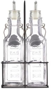 Kilner Set di 3 bottiglie di olio e aceto, 2 bottiglie di vetro da 0,3 l, con 2 beccucci in acciaio inox, struttura in metallo con maniglia, dispenser per olio d'oliva, condimenti e balsamici