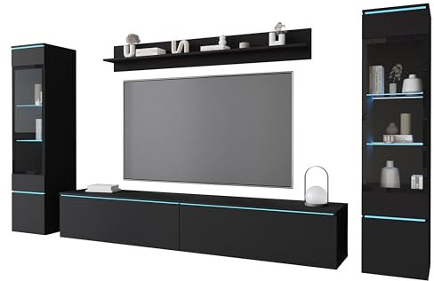 MINIO go for it - Wohnwand 4-Teilig Set Veve 2 I Hängend oder Stehend I 2X Hochschrank-Vitrine I Lowboard Wandboard I Laminierte Spannplatte I Schwarz Graphit Matt - LED Beleuchtung