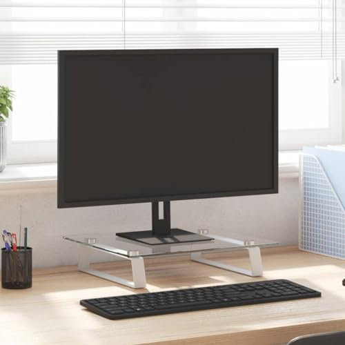 LAPOOH Monitorständer Weiß 40x35x8 cm Hartglas und Metall, Monitor Erhöhung, Schreibtischaufsatz, Monitor Erhöhung Schreibtisch, Bildschirm Erhöhung, Schreibtisch Regalaufsatz - 374219