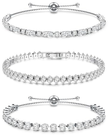 Dochais 3 Pieces Silver Tennis Bracelets for Womens Silver Bracelet Crystal Cubic Zirconia Bracelet Sparkle Diamond Bracelets Friendship for Gifts Jewellery Christmas Birthday B
