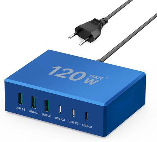 USB C Ladegerät 120W GaN，Mehrfach USB Ladegerät 6 Port Ladestation Kompatibel mit iPhone/Samsung/Google/Tablet/Mobil Power und Anderen Geräten (blau)