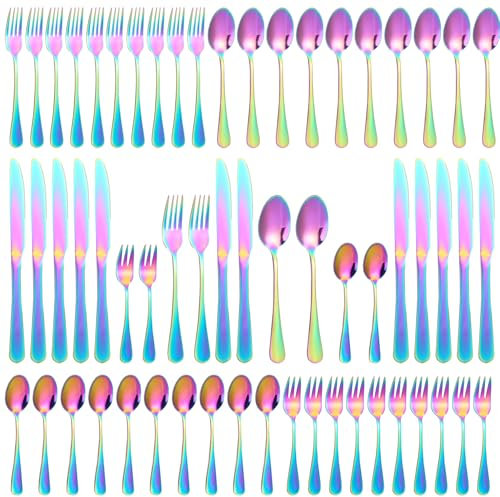 Besteck Set 12 Personen, 60-teiliges Fantasy-Farbe Besteck, Hochglanzpoliert und Spülmaschinenfest, Elegantes Besteck Fantasiefarben Matt, mit Messer Gabel Löffel, für Haus, Party, Restaurant