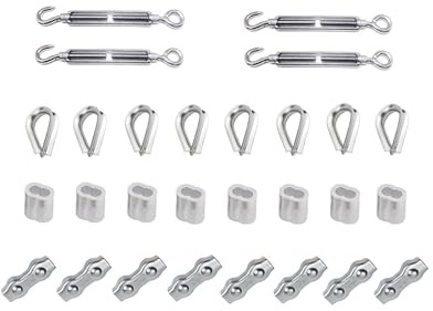 Turnbuckle Tensioner,Stainless Steel Tensioners,Stainless Steel Cable Tensioner Kit for 4mm Wire Rope, 4pcs Turnbuckle Wire Tensioner, 8pcs Thimble, 8pcs Sleeves, 8pcs Duplex Clamp