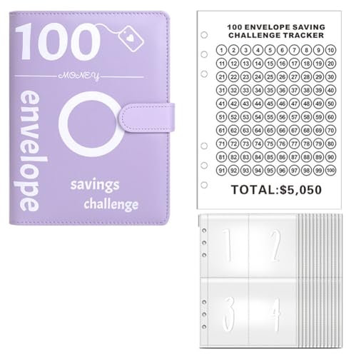 Jzoowar Geldspar-Challenge mit 100 Umschlägen, Challenge-Ordner mit 100 Umschlägen, Geldsparordner, Haushaltsbuch (Lila)