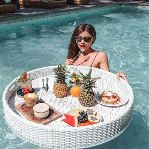 Plateau flottant pour piscine, plateau de service flottant rond en rotin tressé - Plateau élégant et fonctionnel pour servir des boissons et des moments de brunch à la piscine,White-Φ60cm