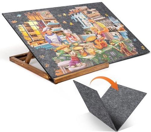 Tektalk Foldable Jigsaw Puzzle Board with 3 Angle Adjustable Bracket/Stand, Lightweight Portable Puzzle Mat Plateau with Wooden Easel, Foldaway Felt Puzzle Table, for Up to 1000 Pieces - Dark Gray