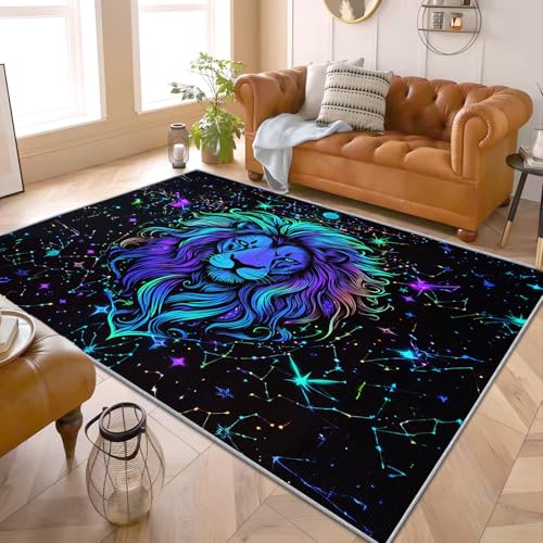 PaxGloz Löwe Teppich Kinderzimmer - Teppiche Wohnzimmer Schlafzimmer Kinder Löwen, Kleiner Teppich Galaxy, Weich Kurzflor & Waschbar & rutschfest Fussmatte Innen, Kinderteppich 80x150 cm