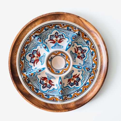 The Twinning Company | Servierplatte Keramik | 25,5 cm | Handbemalte Tapasplatte mit 6 Fächern | Mediterranes Design in Blau Orange | Antipasti Snack Schale | Spülmaschinenfest