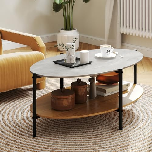 GOPLUS Table Basse Céramique, Table de Salon Rond 2 Niveaux, Vrai Marbre Pierres Composite& Cadre Métallique, Style Moderne pour Entrée, 105 x 65 x 43 cm, Charge 50+40KG, Gris