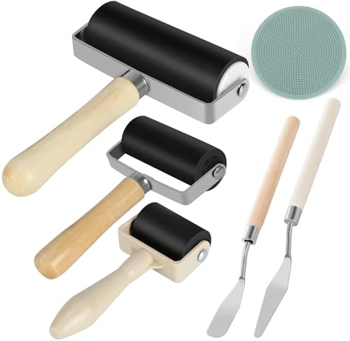 Brayer Roller for Crafts, 3 Pcs Rubber Roller Paint with 1 Plastic Pressure Plate und 2 Scraper, Ink Rollers for Printmaking, DIY Art Craft, Oil Painting Tool