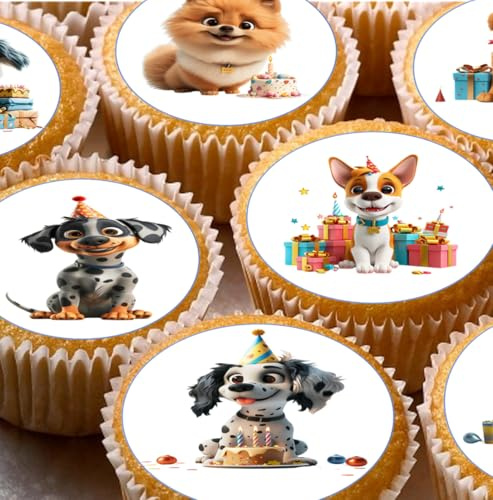 Dog Dogs Birthday Pre-cut Edible Wafer Cupcake Toppers, Party Cake Decorations x 24