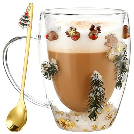 Giugio Weihnachtsglastasse, 350ML Weihnachtskaffeetasse, Doppelwandige Gläser Weihnachten, Personalisierte Weihnachtsmann Rentier Muster Weihnachtstasse, Weihnachtsgeschenke für Frauen Männer (B)