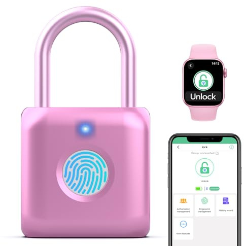 Anweller Fingerprint Padlock,Locker Padlocks with Fingerprint,Smart Padlock with APP Unlock,USB Rechargeable Gym Lock Suitable for Gym Locker,Locker, School,Storage, Luggage(Pink)