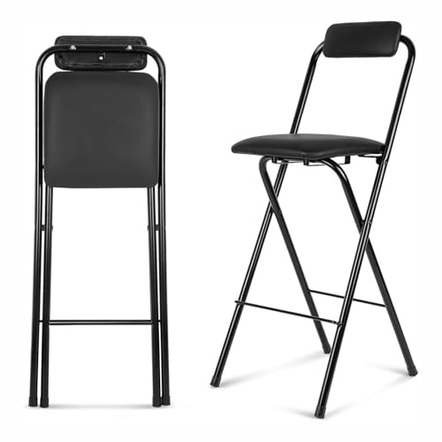 Sgabello alto pieghevole da bar con schienale, seduta imbottita, sedia pieghevole portatile per cucina, ufficio, pub, 65 cm, nero, design salvaspazio