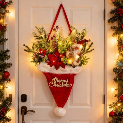 Türkranz Weihnachten, 55 x 40 cm Weihnachtskränze für Haustür, Weihnachtstürkranz Außen mit Künstlichen Tannenzweigen und Beerenkugel, Weihnachtsmannmütze Kranz für Tür, Fenster, Wand Deko
