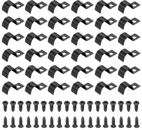 sourcing map 40Pcs 12mm(1/2) One Hole Pipe Strap, Rigid U Brackets Conduit Clamp Heavy Duty Carbon Steel Pipe Strap Clip with Self-Tapping Screws for Fixing Tube Cable Wire Cord, Black