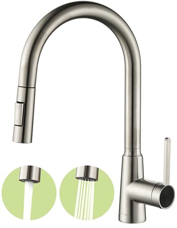 Wasserhahn Küche Ausziehbar,Hochdruck Küchenarmatur mit Herausziehbarer Brause Mischbatterie Küche mit 3 Funktionen 360°Drehbar,Kitchen Faucet Zwei Sprühfunktionen (Gebürstet-Verbesserte Version)