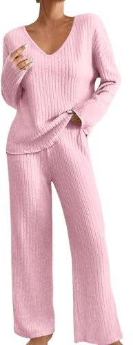 Husdräkt dam ribbad tvådelad dam stickad, loungeset vinter stickad loungewear set elegant enfärgad joggingdräkt V-ringad hemmakläder breda byxor fritid kostym med fickor fritidsoverall, ROSA, XXL