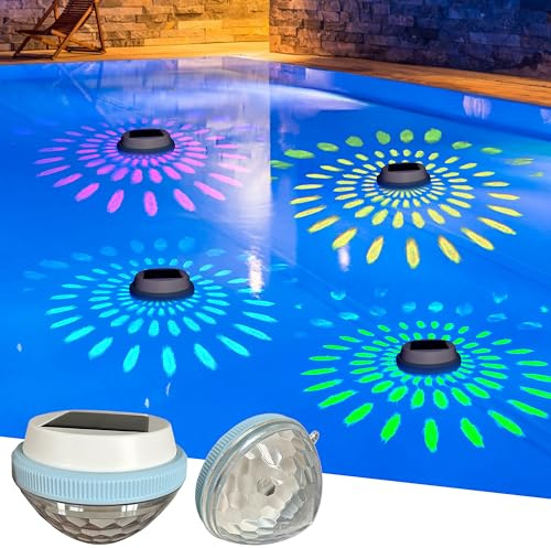 Wood Homing 2er Set Solar Schwimmende Teichleuchte – IP67 Wasserdichte LED Unterwasser Lampe mit 7 Farbwechsel Modi, Solar Pool Licht für Garten, Whirlpool, Bad, Spa & Party Dekoration