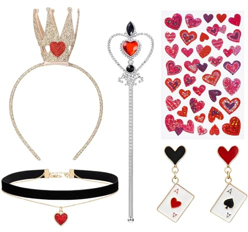 SSKHE 5 st Queen of Hearts tillbehörsset, drottning kostym tillbehör krona pannband hjärta trollstav klistermärken rött hjärta dinglande örhängen och halsband