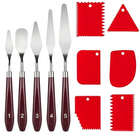 Set de 11 Spatule Peinture Acrylique, 5 Couteau de Peintre en Acier Inoxydable et 6 Grattoir Peinture Plastique Rouge, Palette Peinture Outils pour Huile, Enduit, Toile, Pinceaux Peinture