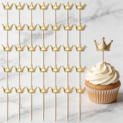50PCS Gold Crown Cake Toppers, PU Princess Party Decorations, Elegant Cupcake Toppers for Adult Birthday, Anniversary Celebrations