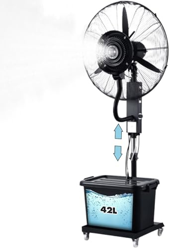 Qwerjkl Ventilador Nebulizador de Pie Industrial, 3 Velocidades, Oscilación 90°, Depósito Agua 42L con Ruedas - Enfriador Larga Distancia para Exteriores, Patio, Garaje, Uso Industrial y Doméstico