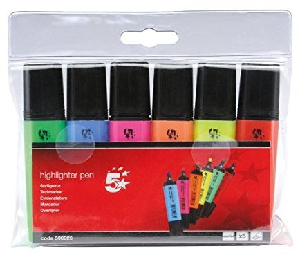 5 Star Highlighters Chisel Tip 1-4mm Line Assorted [Wallet 6] (2)