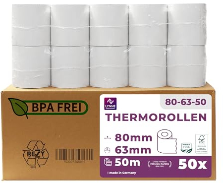 Termisk rullar/kvittorullar/kassarullar 80 mm x 50 m x 12 mm (80 x 63 x 12) för alla vanliga termiskt papper kvittoskrivare – BPA-fri