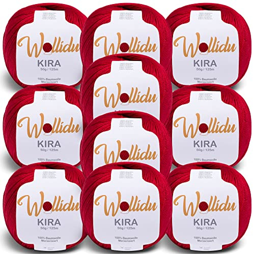 Wollidu Kira 100% Baumwolle zum Stricken und Häkeln 10 x 50g Set Häkelgarn Strickgarn - Dunkelrot