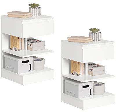 SoBuy 2er Set Nachttisch schmal, Nachtschrank mit 1 Schublade und 2 Ablagen, Moderner Beistelltisch, Aufbewahrungsschrank für das Schlafzimmer, Bedside Table B39 x T39 x H65 cm Weiß FBT49-Wx2
