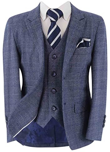 Boys' Matching Retro Check Tweed Suits Tailored Fit 3 Piece Set in Blue, Age 10 Years