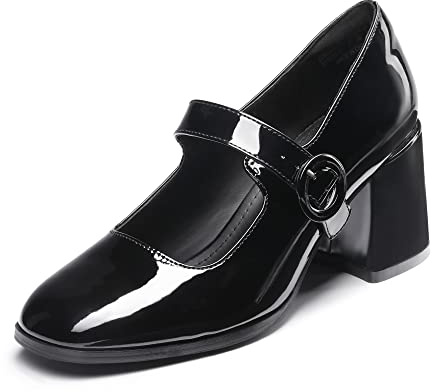 DREAM PAIRS Scarpe Mary Jane Donna con Tacco Grosso da Donna Décolleté Eleganti con Tacco Alto Classico Décolleté in PU Nero,Size 39,Nero Brillante,SDPU2232W
