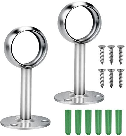 Closet Pole Sockets,2 pcs Stainless Steel Curtain Rail Brackets Curtain Pole Holders Wardrobe Rail Bracket Shaped Flange Socket Clothes Pole,for Ceiling Shower Rod with 6 Pieces Screws (32mm)