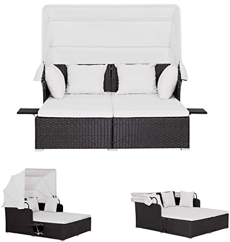 LIFEZEAL Cama Doble de ratán con Capota, Conjunto de Tumbona de Poliratán, Isla de Sol con Techo Plegable, Tumbona Cama de Jardín Carga 360kg para Exteriores (PE58406EPDE)